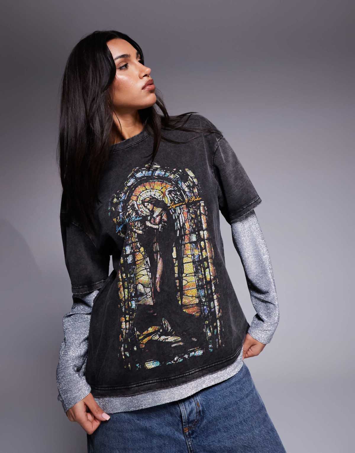Liquor N Poker sequin sleeve oversized t-shirt with motif detail top in charcoal
