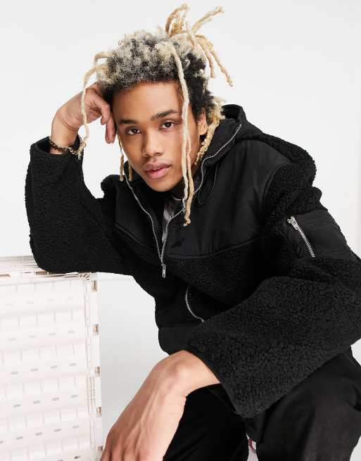 Liquor N Poker sherpa hooded bomber jacket in black with paneling