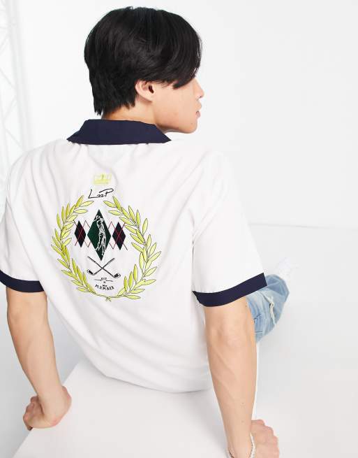 Liquor N Poker shirt in off white with golf club back embroidery - part of a set