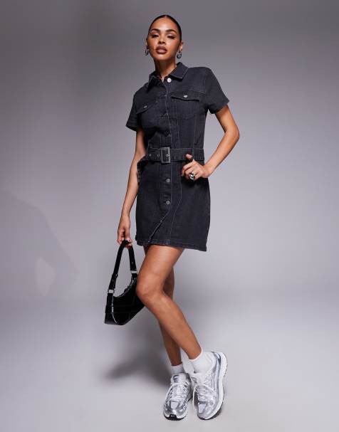 Liquor N Poker short sleeve denim button through 60's style mni dress with chunky belt in black wash - view 1