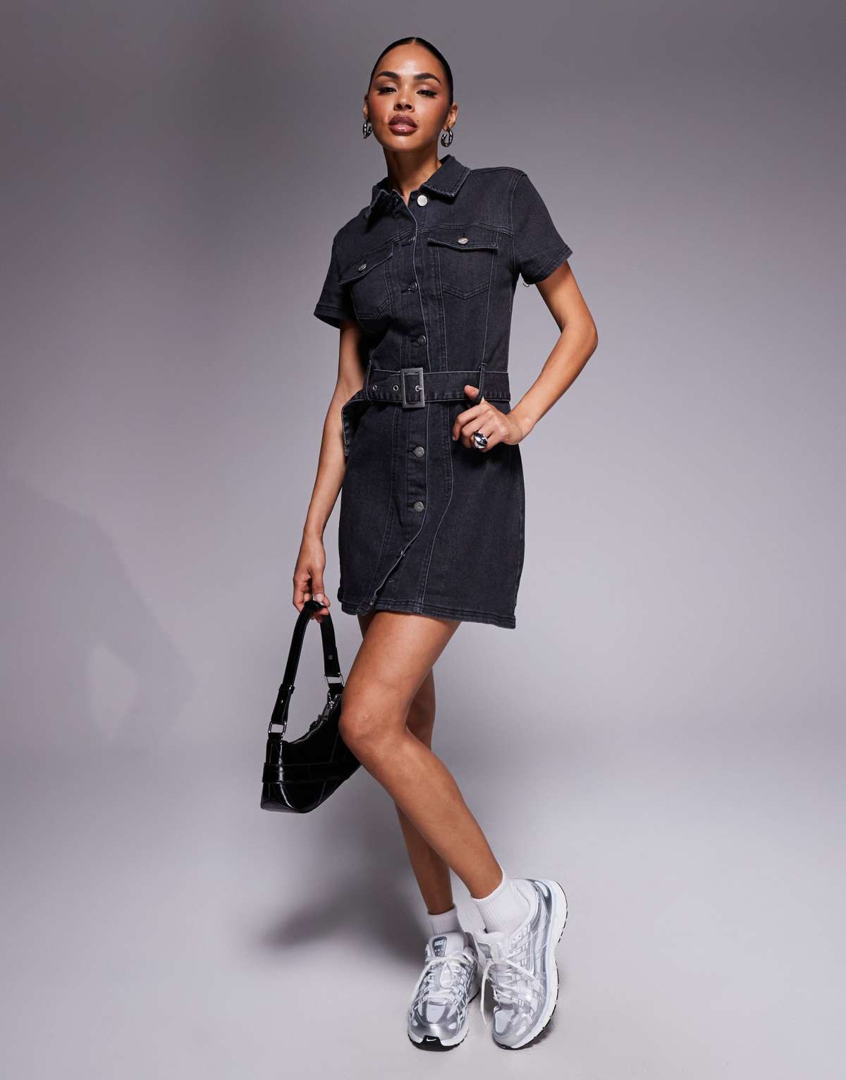 Liquor N Poker short sleeve denim button through 60's style mni dress with chunky belt in black wash