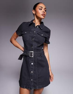 black denim dress with belt Liquor N Poker short sleeve button up 60's style mini chunky in wash New Lifestyle The Lulus So Delighted One Shoulder Asymmetric Cut Womens dresses Color:WHITE/LIGHT BLUE