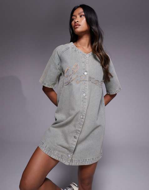 Liquor N Poker short sleeve denim signature button through varsity dress in acid wash blue - view 1