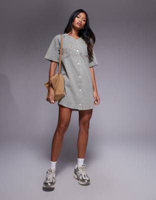Liquor N Poker Short Sleeve Denim Signature Button Through Varsity Dress In Blue