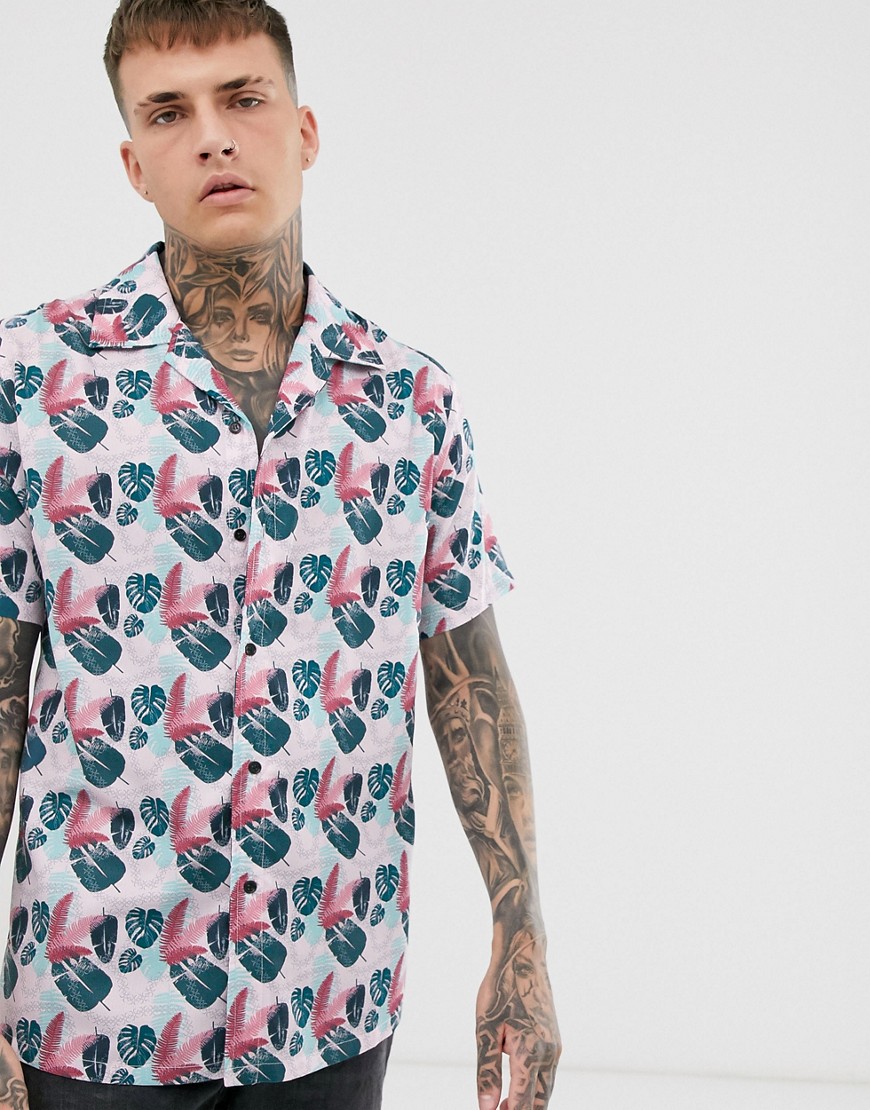 Liquor N Poker short sleeve shirt with revere collar and palm leaf print in pink-Yellow