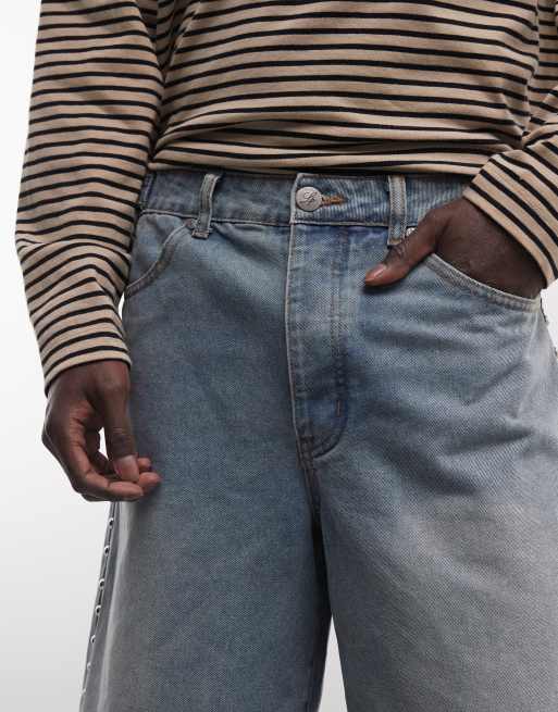 Liquor N Poker side stud detail denim jorts in blue wash, 4 of 5