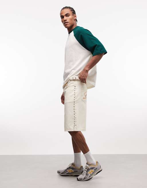 Liquor N Poker side stud detail denim jorts in ecru wash, 3 of 5