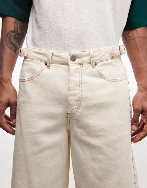 Liquor N Poker side stud detail denim jorts in ecru wash, 4 of 5