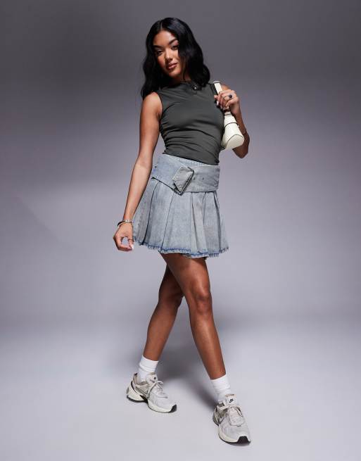 Liquor N Poker single belt mini skater skirt in dirty indigo 