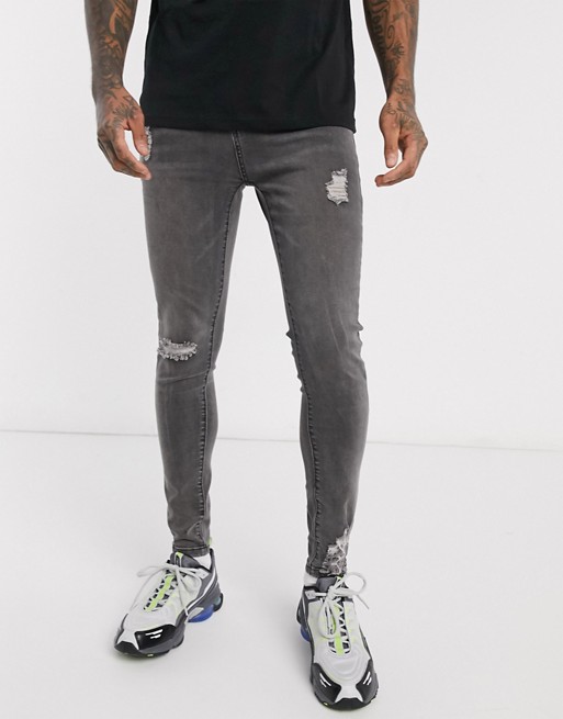 Liquor N Poker skinny fit jeans with abraisons in grey wash
