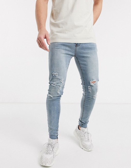 Liquor N Poker skinny fit jeans with knee rips in light wash blue