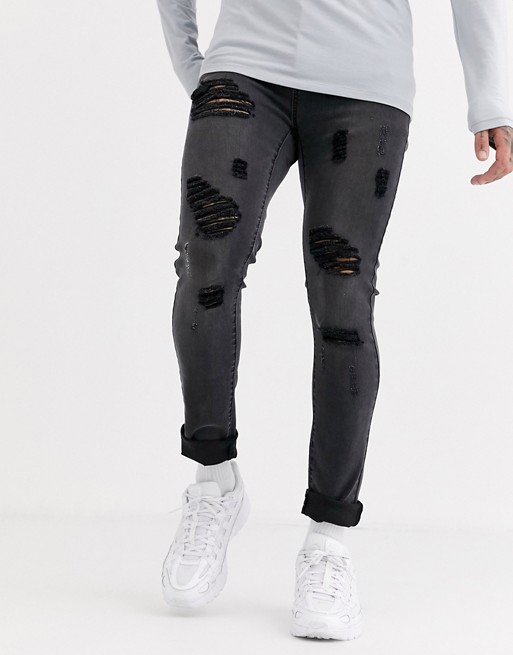Liquor N Poker skinny fit jeans with rips in dark grey wash
