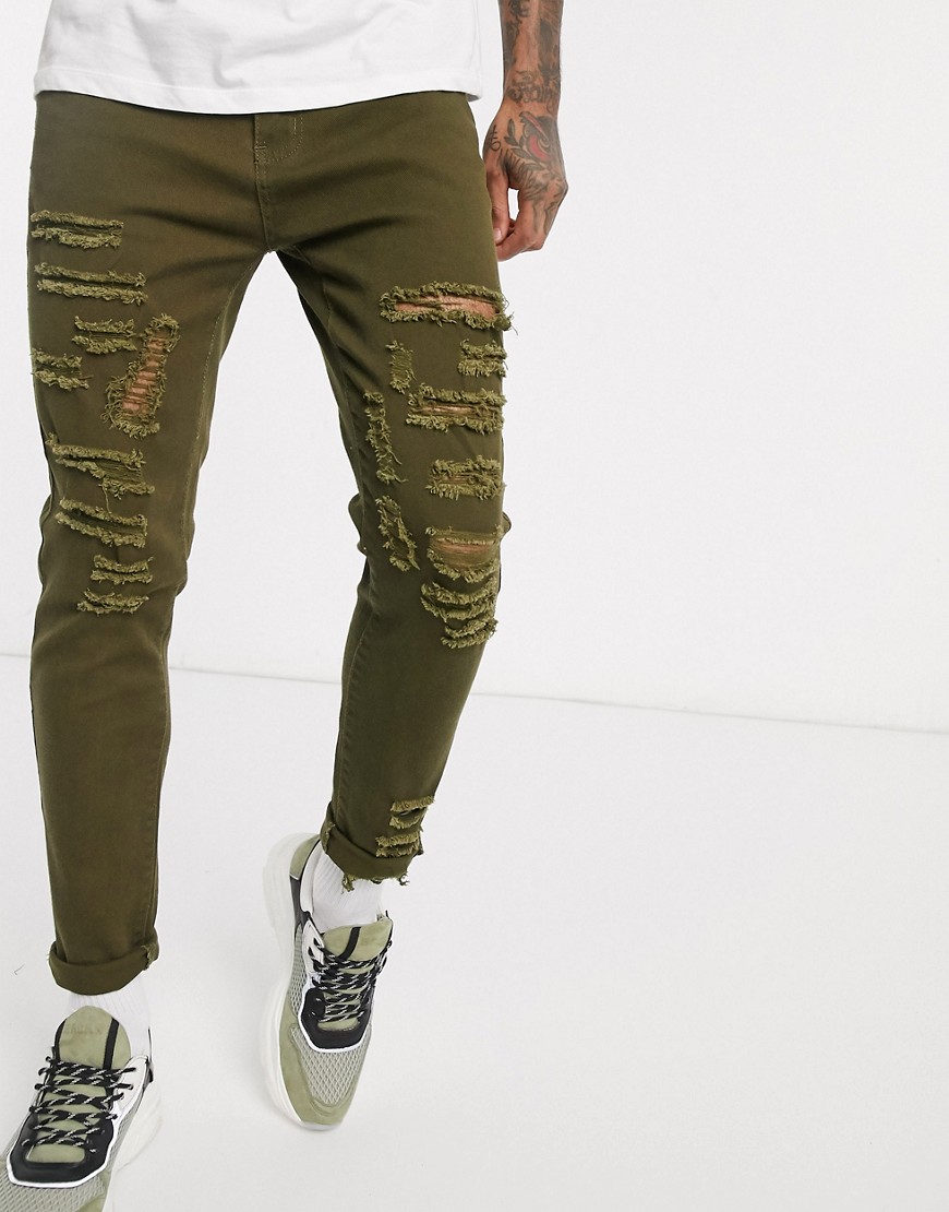 Liquor N Poker skinny fit jeans with rips in khaki-Green