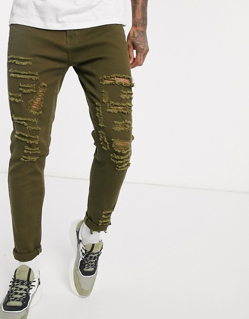 Liquor N Poker skinny fit jeans with rips in khaki