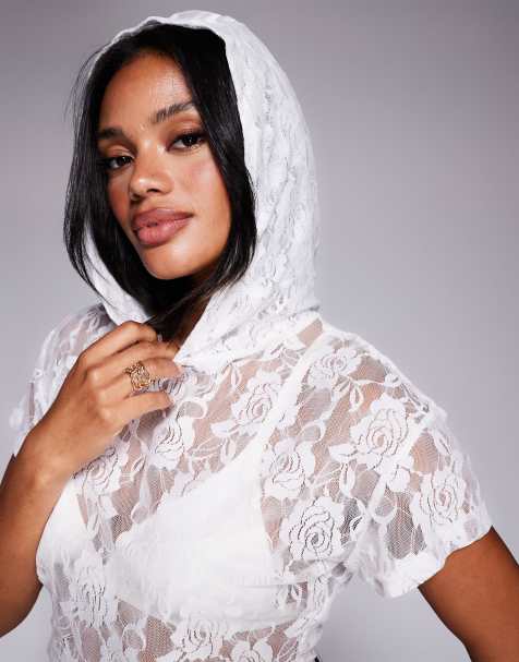 Liquor N Poker sleeveless lace hoodie in white - view 1