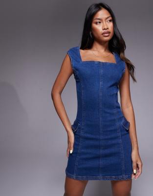 Liquor N Poker Sleeveless Square Neck Denim Mini Dress in Mid Wash Blue