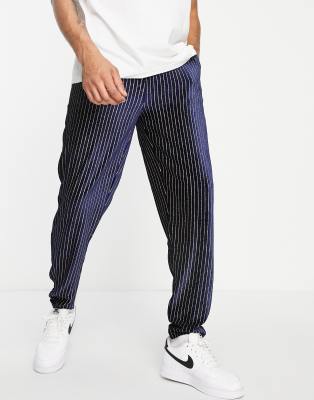 Liquor N Poker slim velour joggers in navy pinstripe