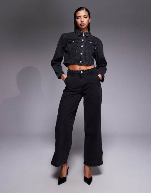 Liquor N Poker - Sort forvasket sæt med denimjakke i firkantet pasform og jeans med syningsdetaljer med rhinsten