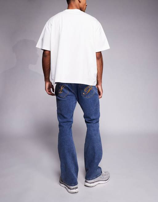 Liquor N Poker – Stacked Slim Fit Schlagjeans in verwaschenem Dunkelblau, 3 von 5