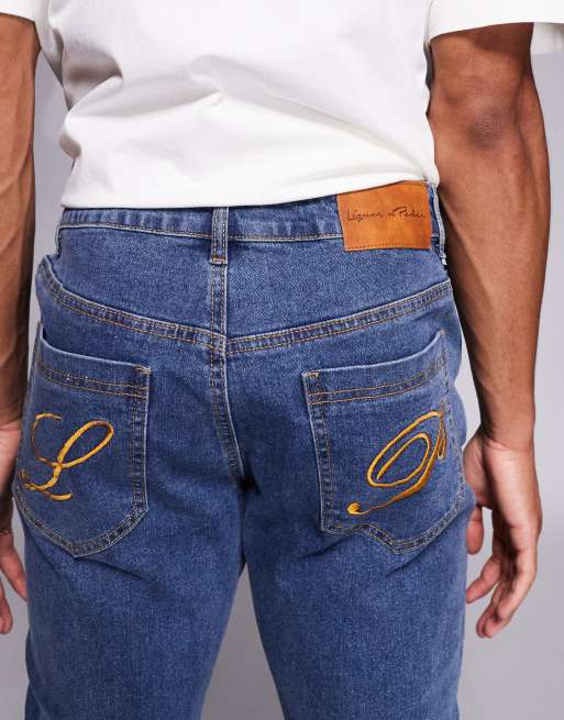 Liquor N Poker – Stacked Slim Fit Schlagjeans in verwaschenem Dunkelblau, 4 von 5