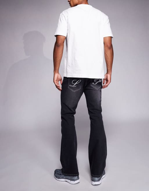 Liquor N Poker stacked slim flare denim jeans in washed black