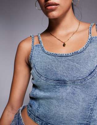 Liquor N Poker Stitch Detail Denim Crop Top