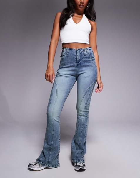 Liquor N Poker stitch detail mid rise flare jeans in blue vintage wash - view 1