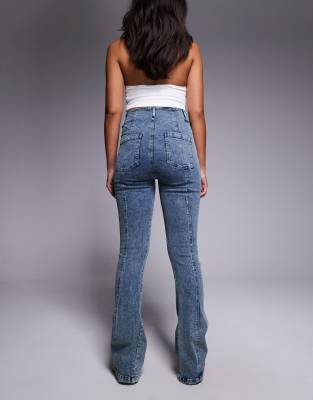 Liquor N Poker Stitch Detail Mid Rise Flare Jeans In Blue