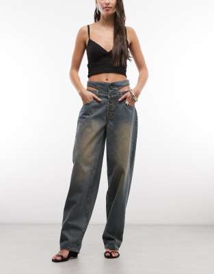 Liquor N Poker Straight Cut Out Waist Jeans In Blue