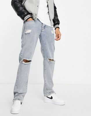 Liquor N Poker straight fit jeans in midwash blue with hem zip details