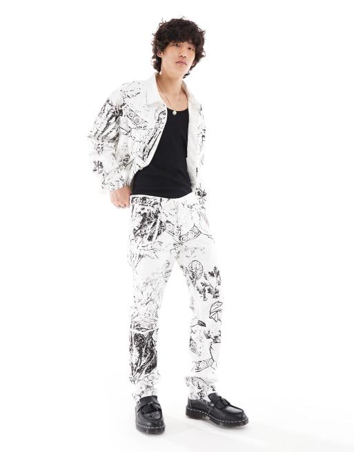 Liquor N Poker straight fit jeans with Renaissance print in white and black (part of a set)