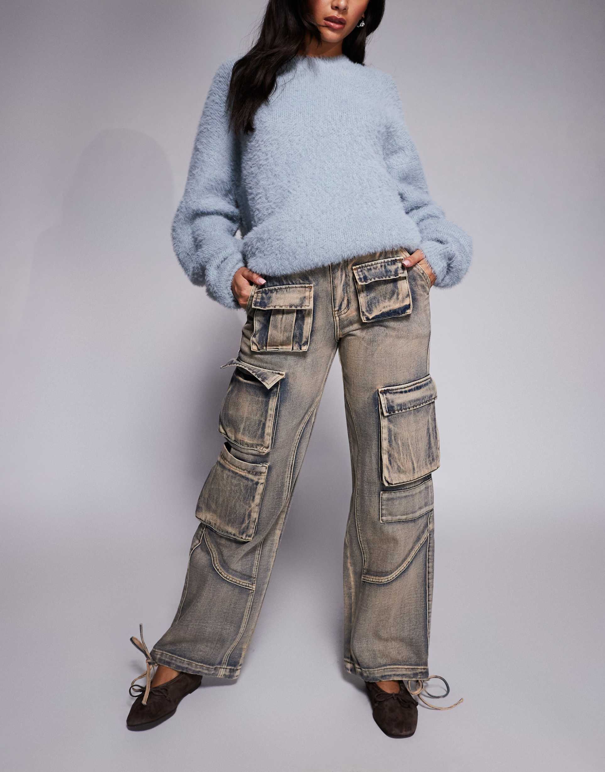 liquor n poker straight leg denim cargo pants in washed pink