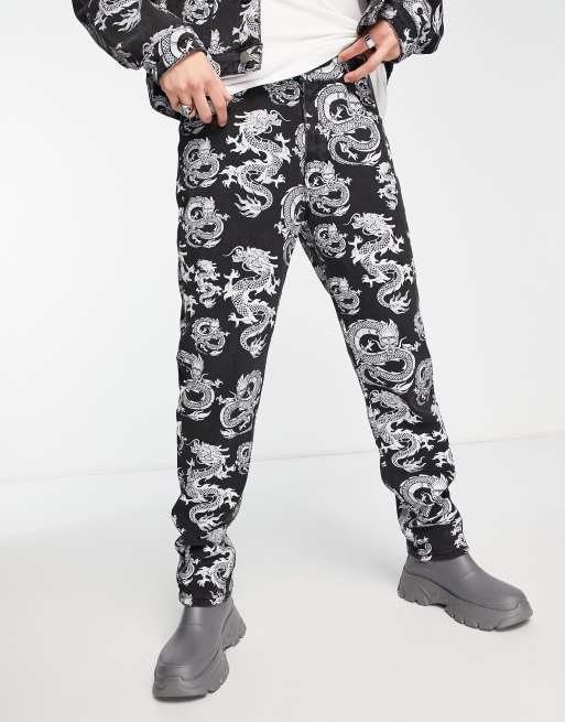 Liquor N Poker straight leg denim jeans in black with all over dragon print  - part of a set