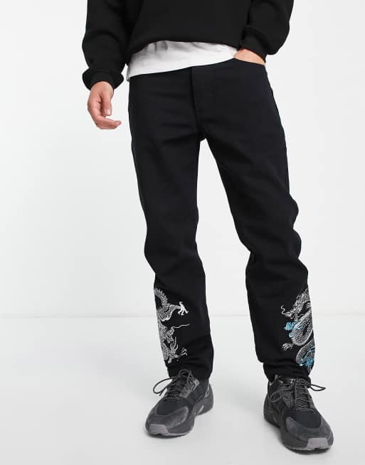 Liquor N Poker straight leg denim jeans in black with dragon embroidery