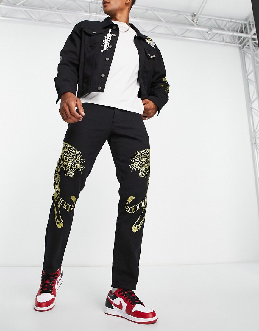 Liquor N Poker Straight Leg Denim Jeans In Black With Tiger Embroidery - Part Of A Set