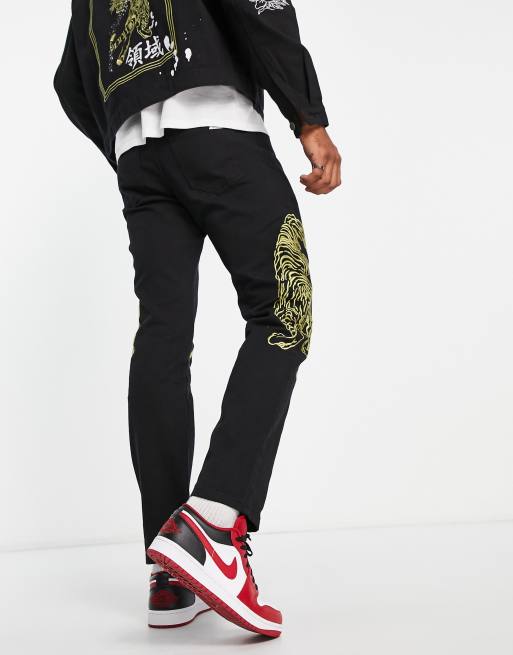 Liquor N Poker straight leg denim jeans in black with tiger embroidery -  part of a set