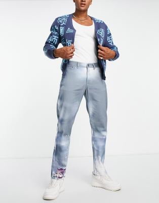 Liquor N Poker Straight Leg Denim Jeans In Blue With Placement Landscape Print