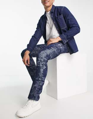 Liquor N Poker straight leg denim jeans in dark blue camo (part of a set)