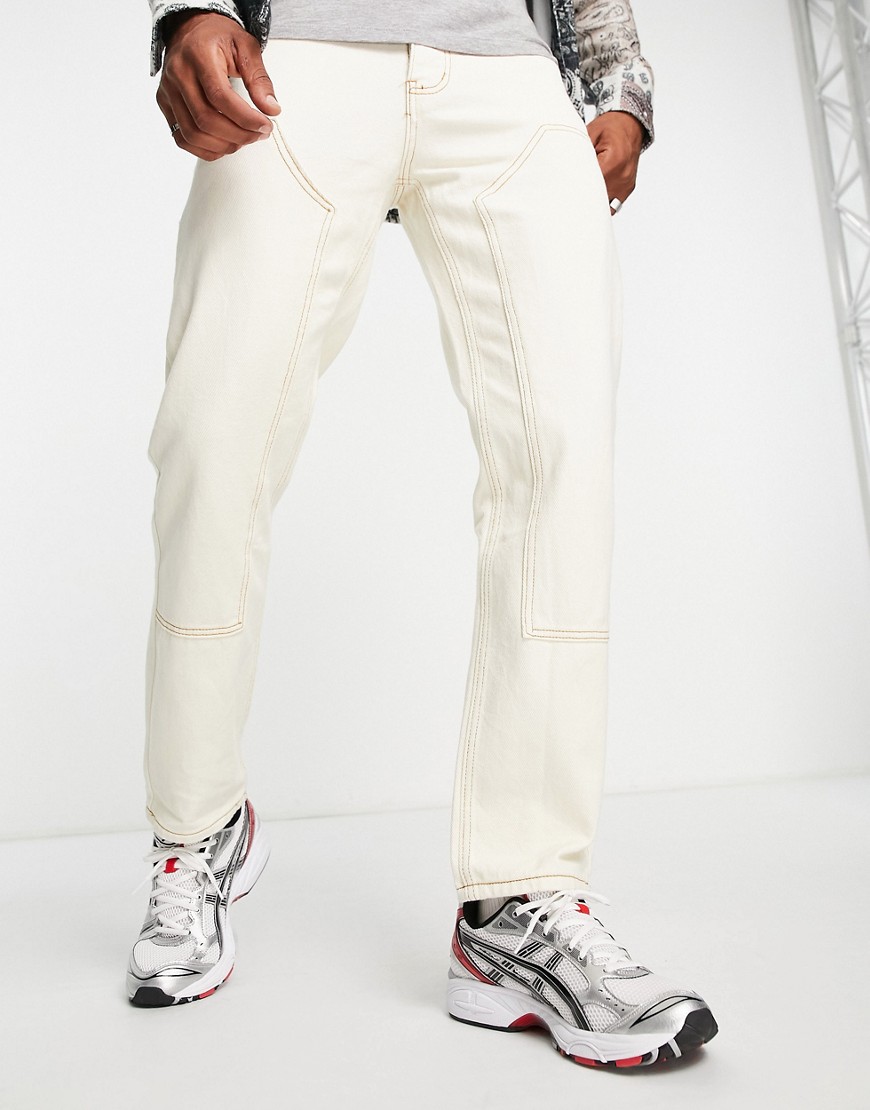 Liquor N Poker Straight Leg Denim Jeans In Off White With Carpenter Panels-neutral