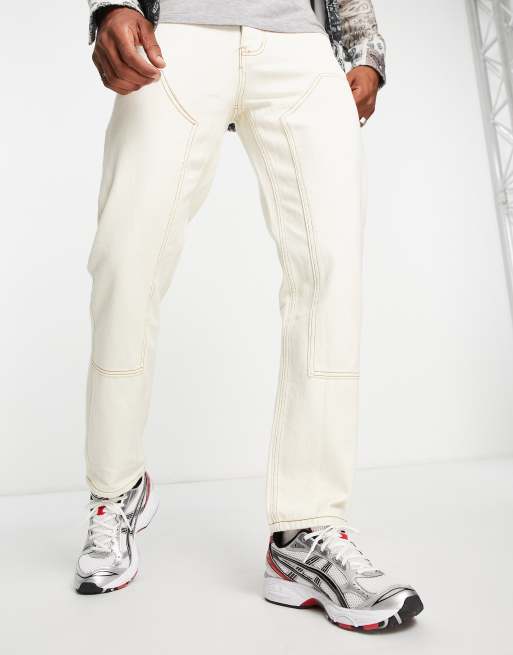 Liquor N Poker Straight Leg Denim Jeans in Off White with Carpenter panels-Neutral