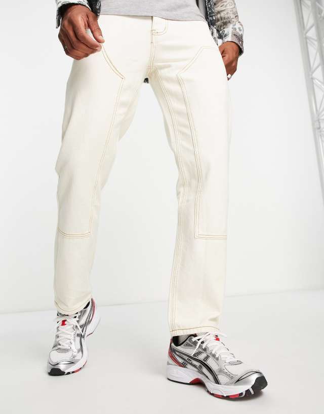 Liquor N Poker straight leg denim jeans in off white with carpenter panels