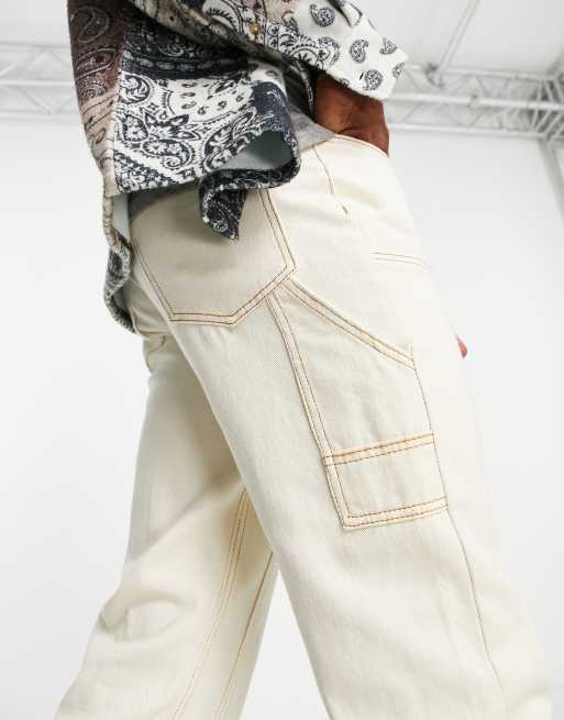 Liquor N Poker Straight Leg Denim Jeans in Off White with Carpenter panels-Neutral