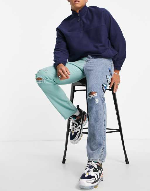 Liquor N Poker straight leg jeans in blue and green with leg patches and embroidery (part of a set)