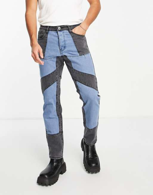 Liquor N Poker straight leg jeans in midwash blue with black panelling (part of a set)