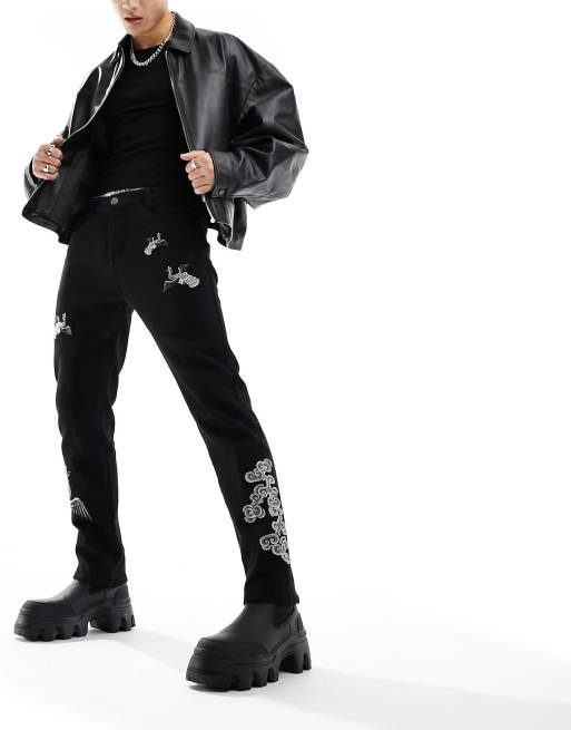 Liquor N Poker straight leg jeans with bird embroidery in washed black 