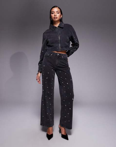 Liquor N Poker straight leg mid rise embellished jean co-ord in black