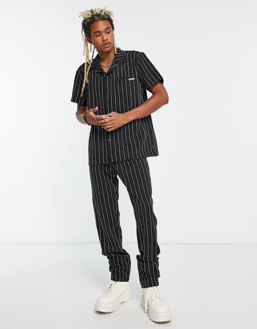 Liquor N Poker straight leg pants in black with white pinstripe - part of a set