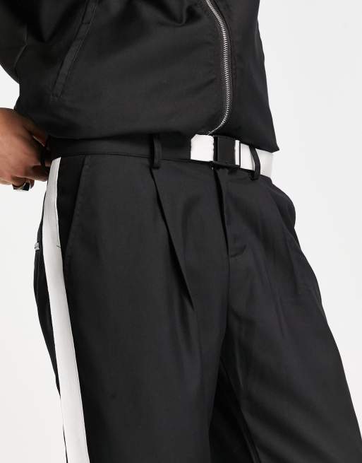 Liquor N Poker straight leg pants in black with white side stripe