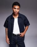 [Liquor N Poker] Liquor N Poker stud denim shirt in indigo (part of a set)-Navy S BLUE