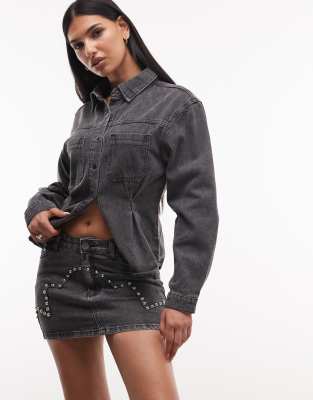 Liquor N Poker Stud Detail Denim Mini Skirt In Brown